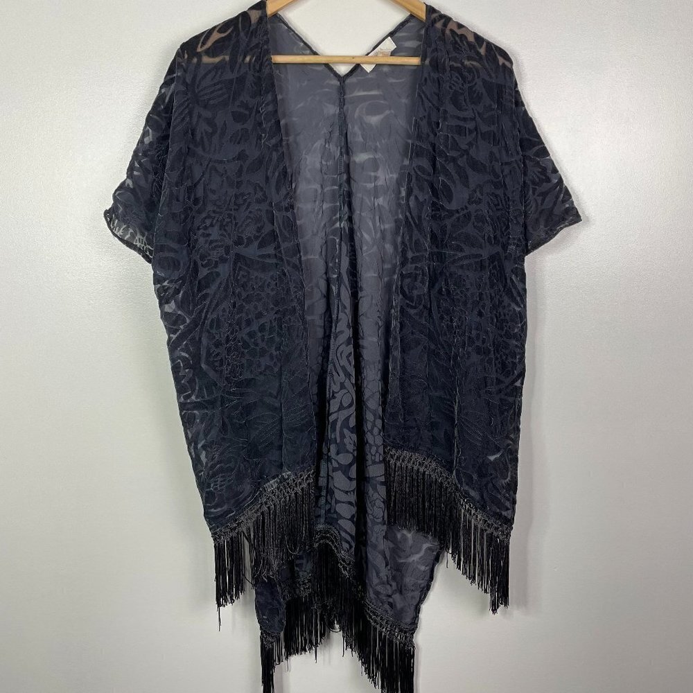 Sun & Shadow Open Front Velvet Fringe Sheer Floral Dark Gray Blue Kimono Shawl